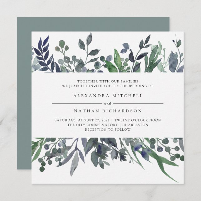Convites Leafy Watercolor | Casamento (Frente/Verso)