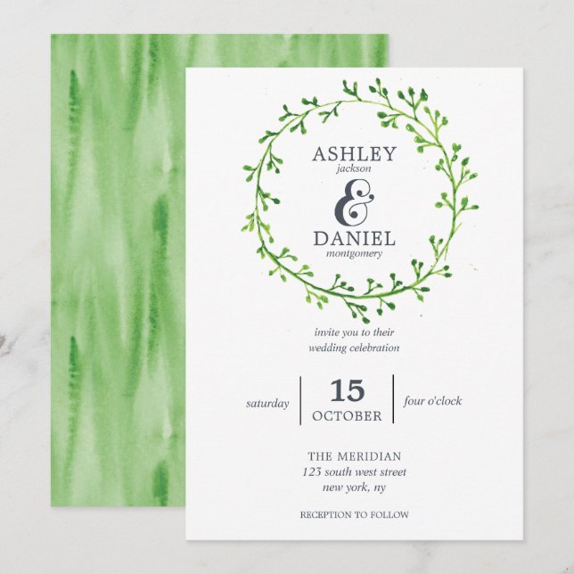 Convites Leafy Watercolor Wreath Wedding (Frente/Verso)