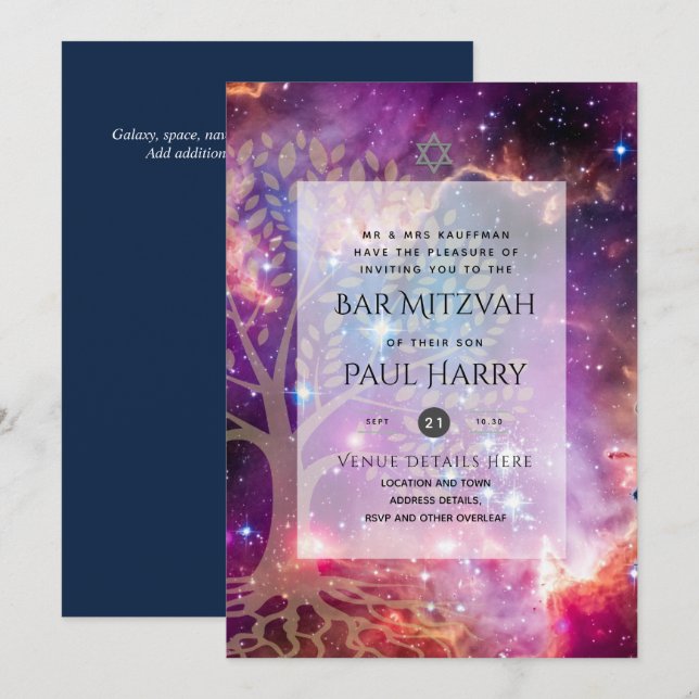 Convites Leah G Elegante Bar de Música Mitzvah Jewish Torah (Frente/Verso)