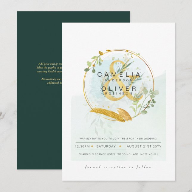 Convites Leah G Eucalyptus Greenery Dourado Casamento QR CÓ (Frente/Verso)