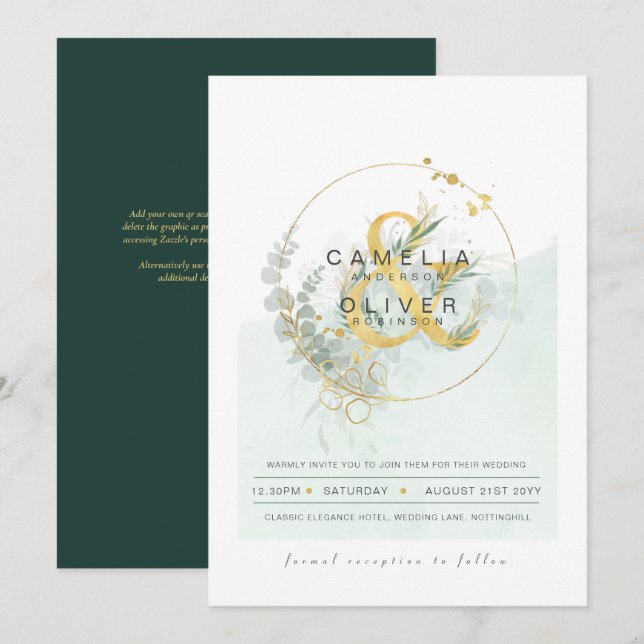 Convites Leah G Eucalyptus Greenery Dourado Casamento QR CÓ (Frente/Verso)