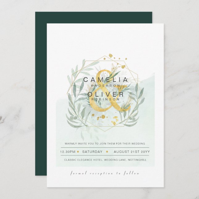 Convites Leah G Eucalyptus Greenery Dourado Casamento QR CÓ (Frente/Verso)