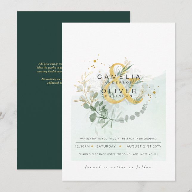 Convites Leah G Eucalyptus Greenery Dourado Casamento QR CÓ (Frente/Verso)