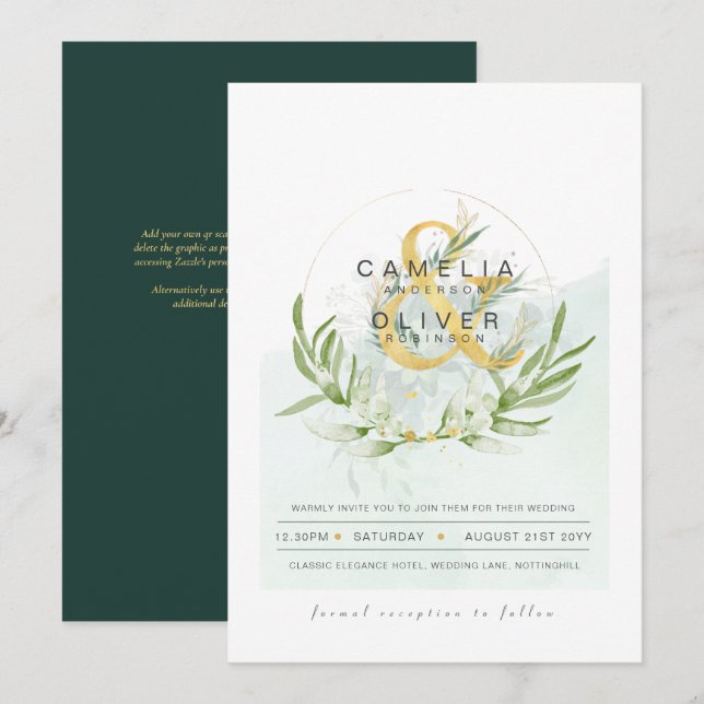 Convites Leah G Eucalyptus Greenery Dourado Casamento QR CÓ (Frente/Verso)