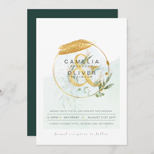 Convites Leah G Eucalyptus Greenery Dourado Casamento QR CÓ (Frente/Verso)