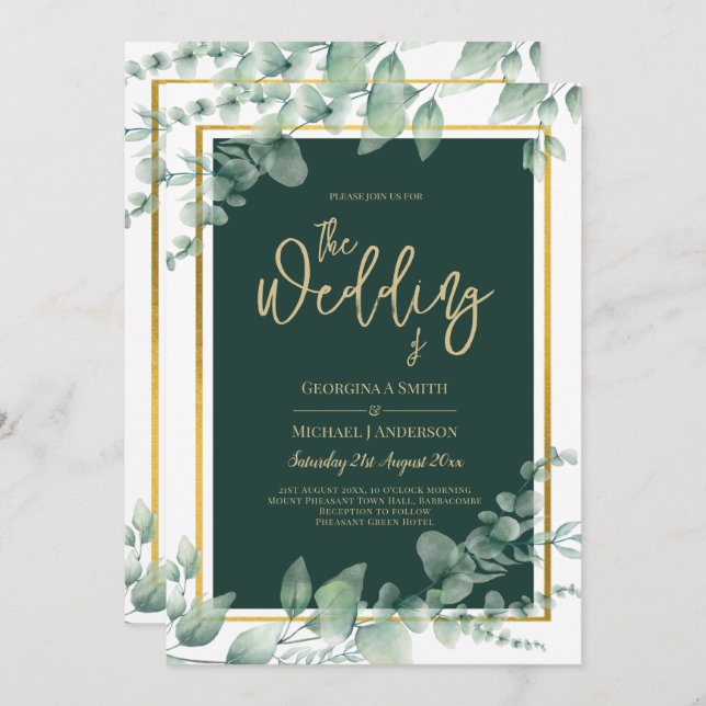 Convites Leah G Eucalyptus Greenery Dourado WEDDING CÓDIGO  (Frente/Verso)