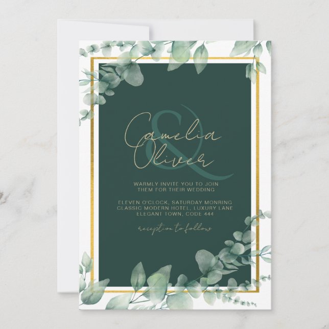 Convites Leah G Eucalyptus Greenery Dourado WEDDING CÓDIGO  (Frente)
