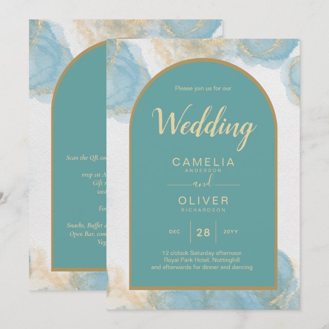 Convites Leah G INK Vidro do mar Turquesa Teal Dourado CONV (Frente/Verso)