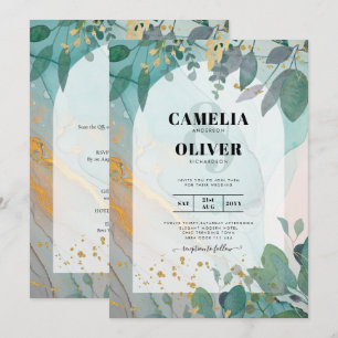 Convites Leah G Seaglass Inv. Casamento Dourado Verde com T