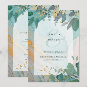 Convites Leah G Seaglass Inv. Casamento Dourado Verde com T