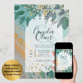 Convites Leah G Seaglass Inv. Casamento Dourado Verde com T