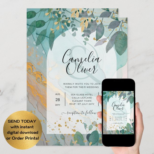 Convites Leah G Seaglass Inv. Casamento Dourado Verde com T (Criador carregado)