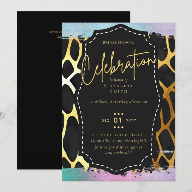 Convites LeahG Budget Glam Chic Chá de panela Unicorn Doura (Frente/Verso)