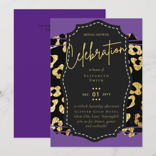 Convites LeahG Glam Dourado Roxo Estampas de Animais Chá de (Frente/Verso)