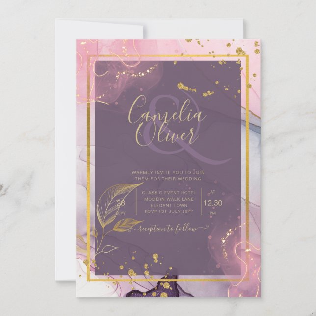 Convites LeahG® Lavender TINTA Rosa Dourado Casamento (Frente)