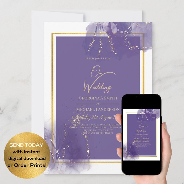 Convites LeahG ROXO DOURADO Casamento Lavanda TINTA ÁLCOOL (Criador carregado)