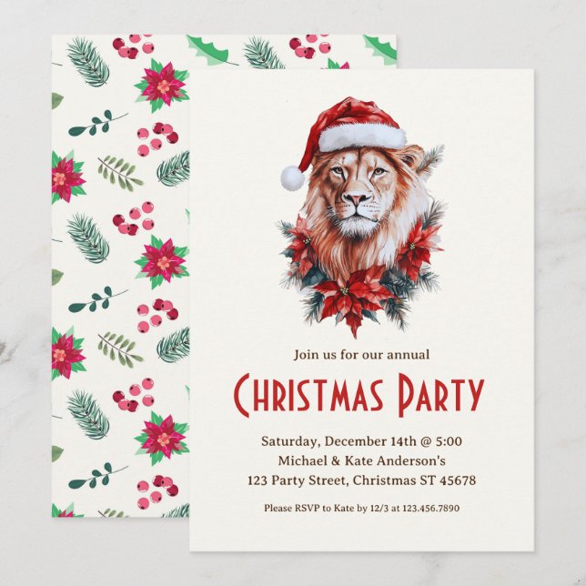 Convites Leão em uma festa de Natal do Santa Hat Safari (Frente/Verso)