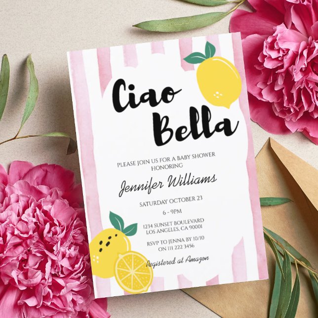 Convites Leão Rosa Italiano Ciao Baby Bella Chá Girl (Italian Lemon Girl Baby Shower Invitation)