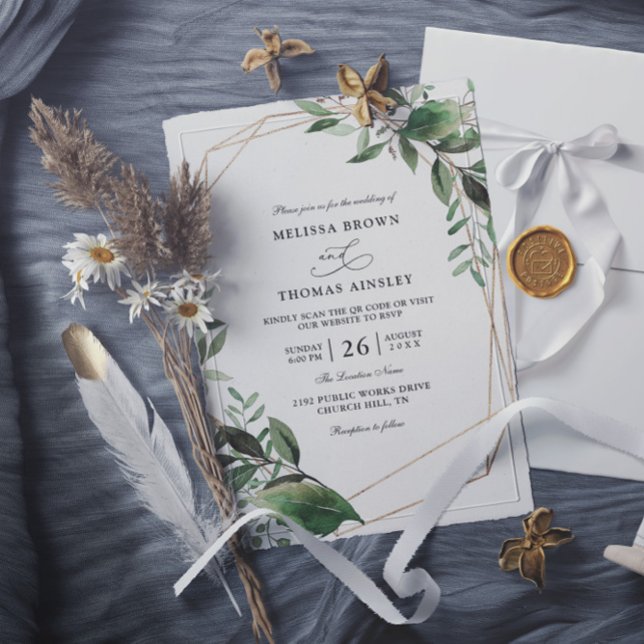 Convites Leaves Eucalyptus Gold Budget QR Code Wedding (Criador carregado)