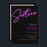 Convites Legal guião roxo neon retro preto Foto Sweet 16<br><div class="desc">Legal guião roxo neon retro preto Foto doce 16 convite.</div>