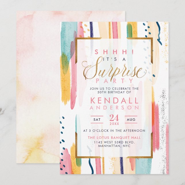 Convites Legal Pink Watercolor Memphis Chic Surprise Party (Frente/Verso)