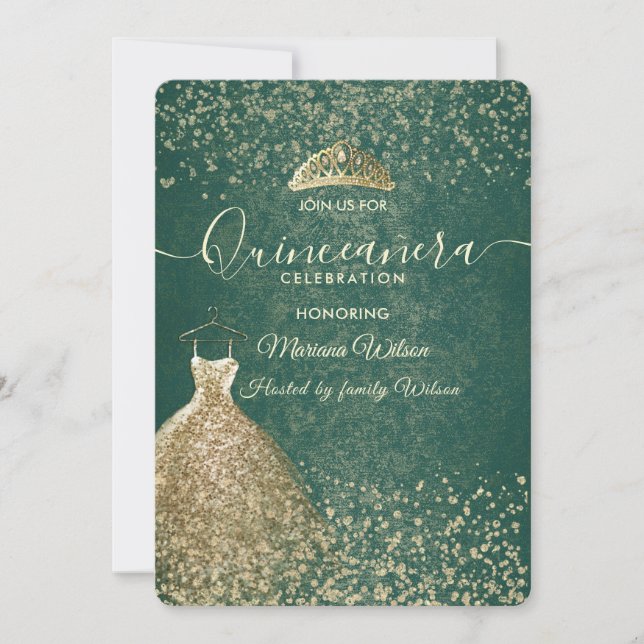 Convites Legal sequências verdes vestem tiara Quinceañera (Frente)