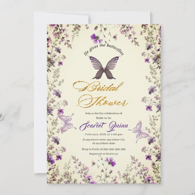 Convites Legância Bridal com flores silvestres de bege roxo (Frente)