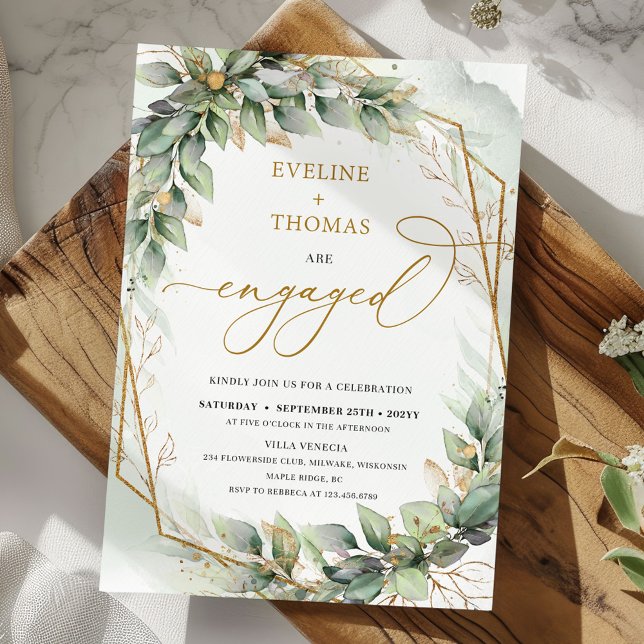 Convites Legant greenery foliage faux gold frame engajado (Boho Eucalyptus greenery branches faux gold frame engagement invitation digital)