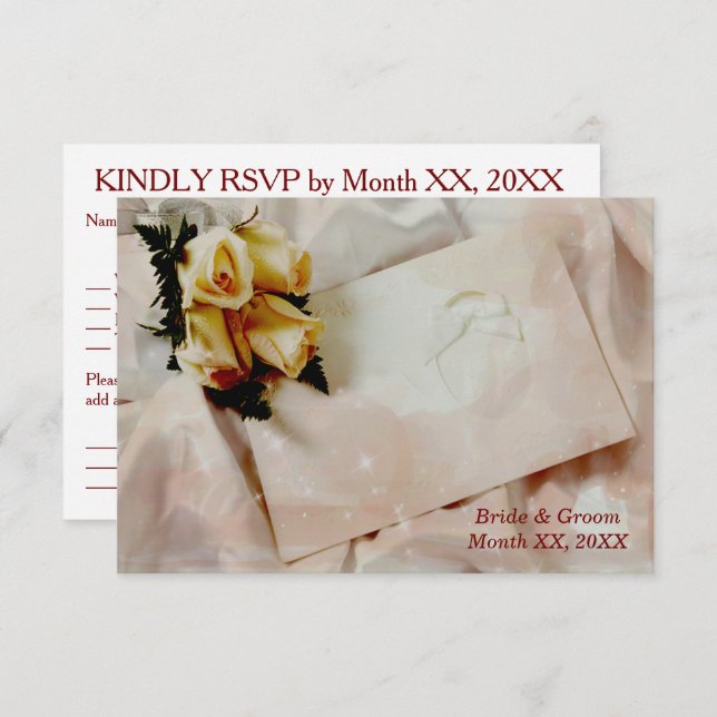 Convites Legant Ivory com RSVP de Casamento de Rosas Amarel (Frente/Verso)