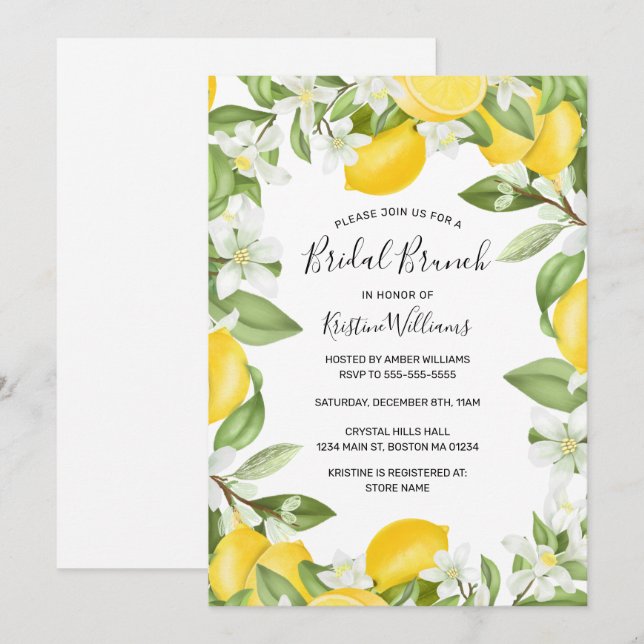 Convites Legant Yellow Lemons Watercolor Bridal Brunch (Frente/Verso)