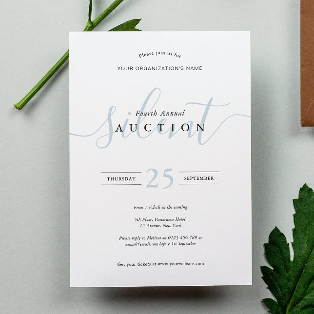 Convites Leilão Silencioso do Fundraiser Azul e Branco Eleg (Elegant modern white and dusty blue calligraphy script invitation design)