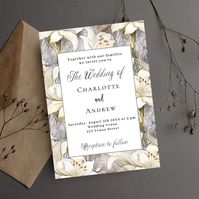 Convites Leilões brancos florais prata retro casamento (Criador carregado)