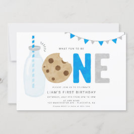 Convites Leite Azul e Biscoitos Primeiro Aniversário Mínimo