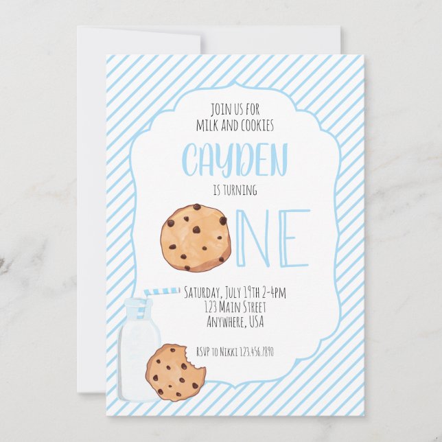 Convites Leite e Biscoitos menino azul primeiro Aniversário (Frente)