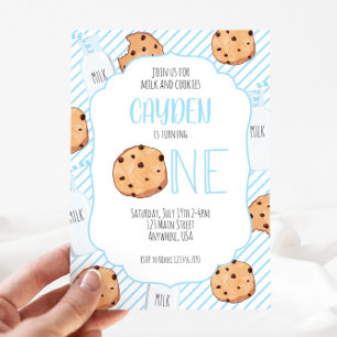 Convites Leite e Biscoitos menino azul primeiro Aniversário