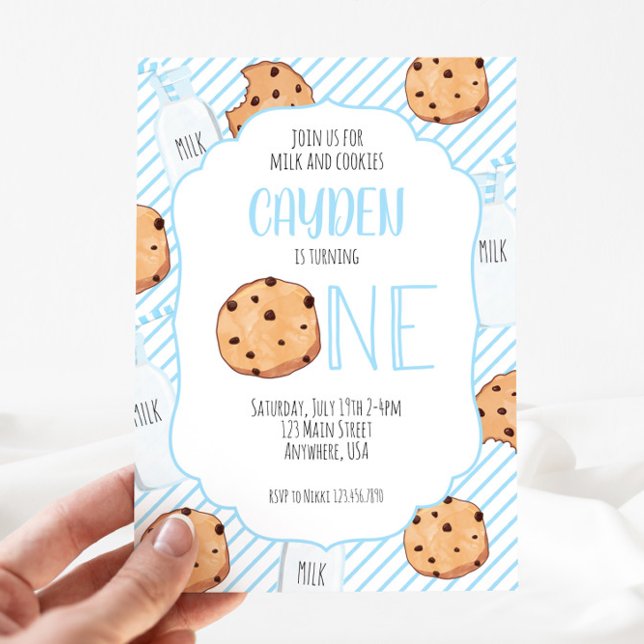 Convites Leite e Biscoitos menino azul primeiro Aniversário (Criador carregado)