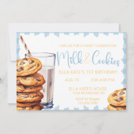 Convites Leite e Cookie Aniversário Xadrez Azul primeiro an