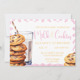 Convites Leite e Cookies Aniversário da Xadrez Rosa de Aniv