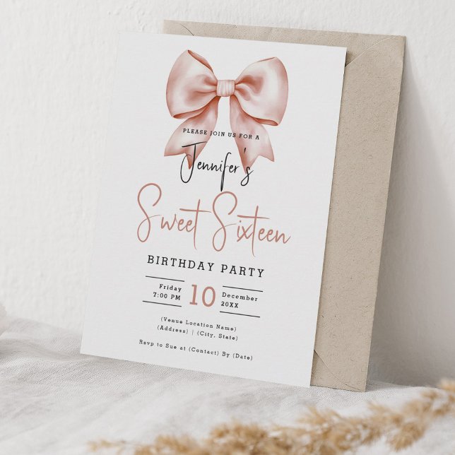 Convites Leitor de Script Cute de Coquete de Arco Dourado S (Rose Gold Bow Coquette Cute Script Sweet 16 Invitation)