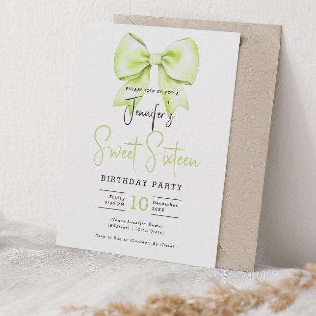 Convites Leitura de Script de Cute de Coquete do Arco do ve (Lime Green Bow Coquette Cute Script Sweet 16 Invitation)
