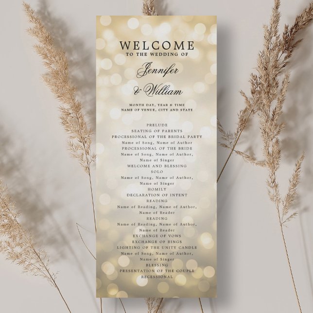 Convites Leituras Douradas de Bokeh do Programa de Casament (Classic Script Wedding Program Gold Bokeh Lights)