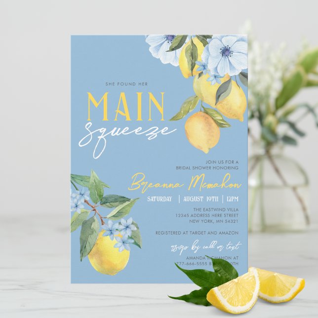 Convites Lemon Azul Encontrou Seu Chá de panela De Apertar  (Beautiful Blue Watercolor Lemon She Found Her Main Squeeze Bridal Invitations)
