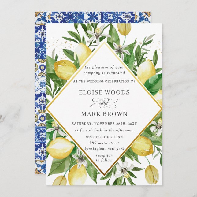 Convites Lemon Azure Mediterranean Summer Greenery Wedding (Frente/Verso)
