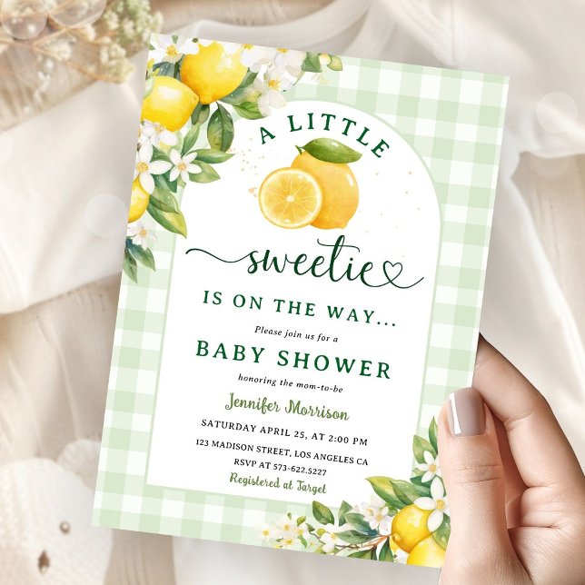 Convites Lemon Baby Shower Green Gingham Gender Neutral (Criador carregado)