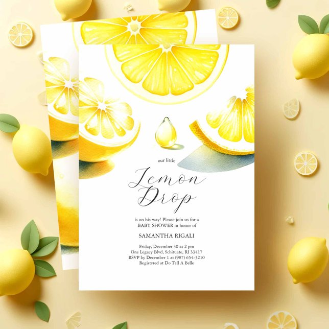 Convites Lemon Baby Shower Invoca Tema de Limondrop (Lemon baby shower invitations feature watercolor citrus with a lemon drop by Victoria Grigaliunas)