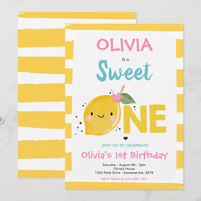Convites Lemon Birthday Invitation Sweet One primeiro anive (Frente/Verso)