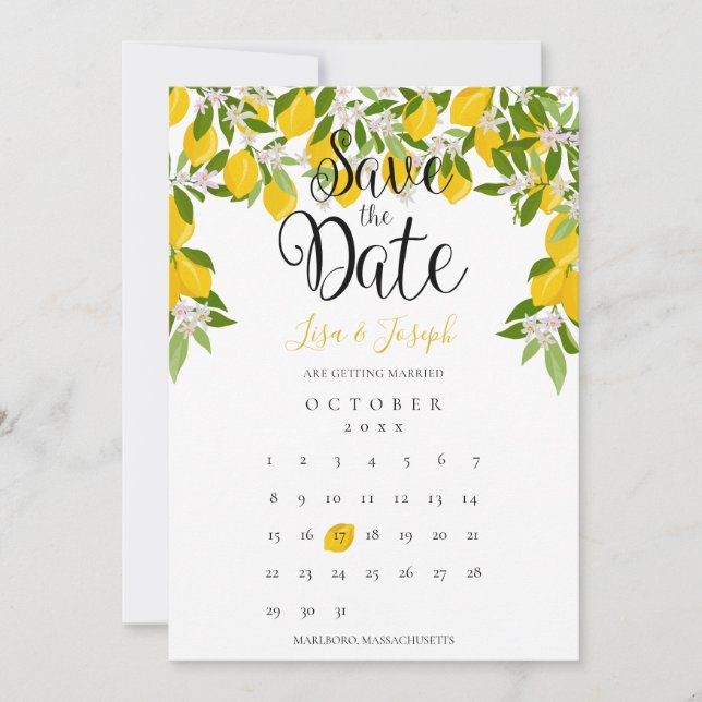 Convites Lemon Blossom Greenery Salvar Calendário de Data (Frente)