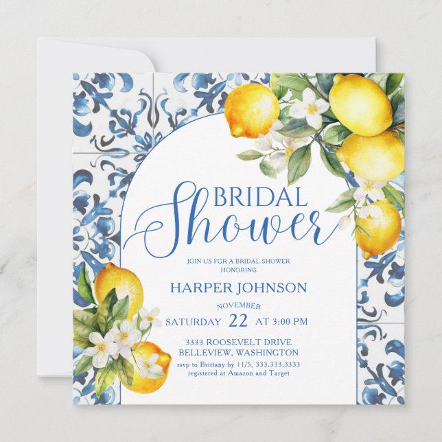Convites Lemon Blue Azulejo Tema Italiano de Amalfi Chá de  (Frente)
