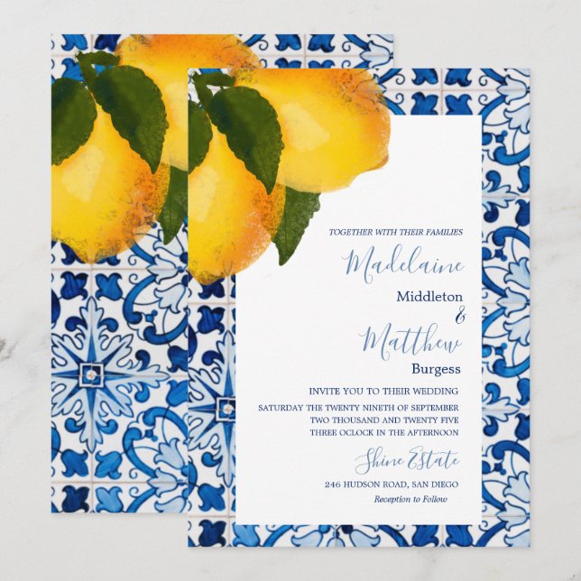 Convites Lemon Blue Mediterrâneo Azulejo Chic Casamento Ele (Frente/Verso)