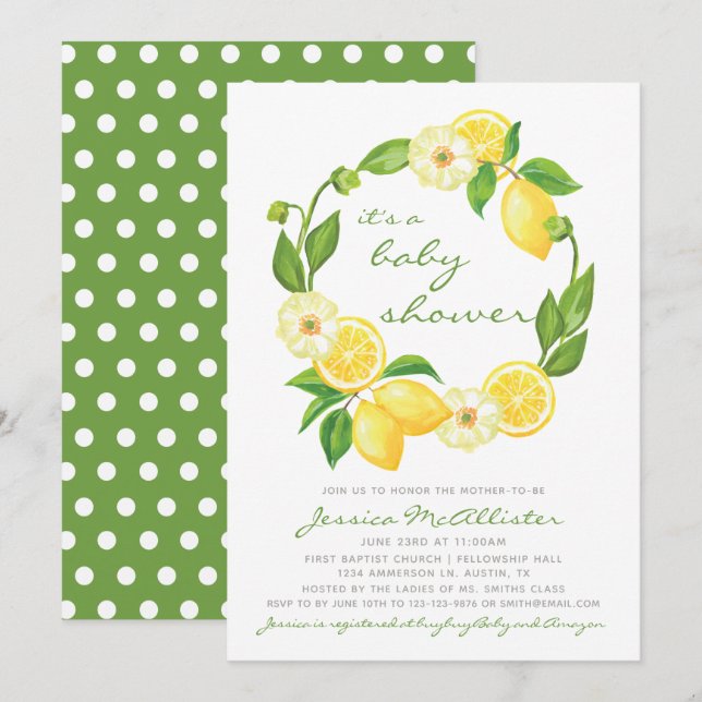 Convites Lemon Citrus Green e Cinza de Polkadot Chá de fral (Frente/Verso)